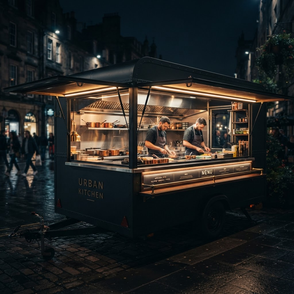Custom-built mobile food trailer kitchen at night